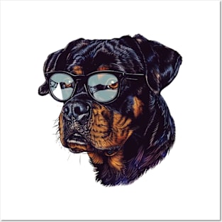 Rottweiler Retro Chic: The Spectacled Canine Connoisseur Tee Posters and Art